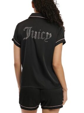 Juicy Couture Satin Pajama Rhinestone Logo  Shirt- Black Baby Pink | Size SMALL
